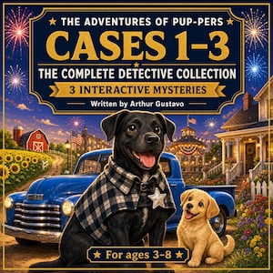 May include: A book cover titled The Adventures of Pup-Pers Cases 1-3 The Complete Detective Collection 3 Interactive Mysteries written by Arthur Gustavo for ages 3-8 featuring a black dog in a plaid cape and a golden puppy near a blue truck.
