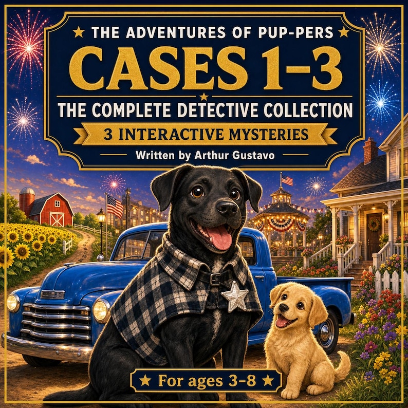 May include: A book cover titled The Adventures of Pup-Pers Cases 1-3 The Complete Detective Collection 3 Interactive Mysteries written by Arthur Gustavo for ages 3-8 featuring a black dog in a plaid cape and a golden puppy near a blue truck.