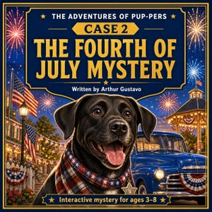 May include: A book cover titled The Adventures of Pup-Pers Case 2 The Fourth of July Mystery written by Arthur Gustavo. It features a black dog wearing a red, white, and blue plaid bandana, a blue vintage truck, and fireworks in the night sky.