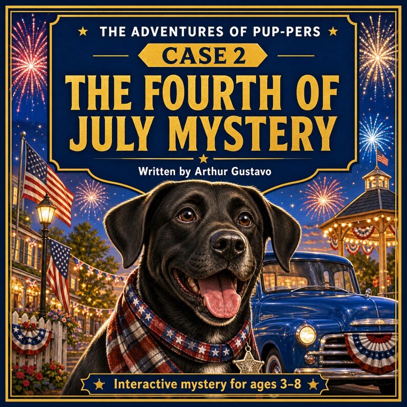 May include: A book cover titled The Adventures of Pup-Pers Case 2 The Fourth of July Mystery written by Arthur Gustavo. It features a black dog wearing a red, white, and blue plaid bandana, a blue vintage truck, and fireworks in the night sky.