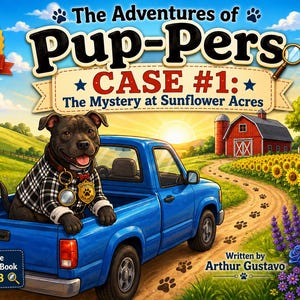 Op de afbeelding: Een kinderprentenboek getiteld The Adventures of Pup-Pers Case #1: The Mystery at Sunflower Acres. De kaft toont een zwarte hond met een detectivebadge en geruite jas in een blauwe pick-up, met een boerderij, zonnebloemen en pootafdrukken.