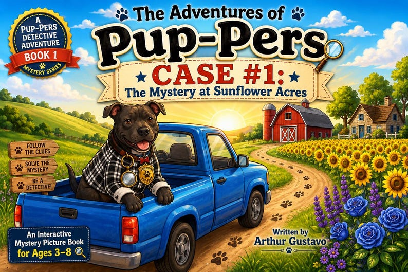 Op de afbeelding: Een kinderprentenboek getiteld The Adventures of Pup-Pers Case #1: The Mystery at Sunflower Acres. De kaft toont een zwarte hond met een detectivebadge en geruite jas in een blauwe pick-up, met een boerderij, zonnebloemen en pootafdrukken.