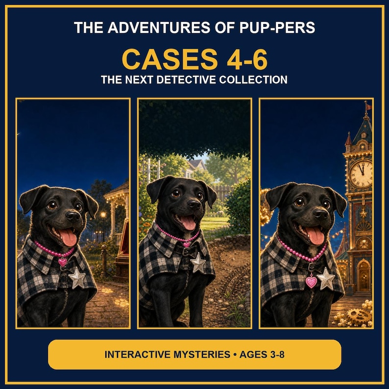 May include: The Adventures of Pup-Pers Cases 4-6 The Next Detective Collection interactive mysteries for ages 3-8 features a black dog wearing a plaid cape, a pink beaded collar with a heart charm, and a silver star badge in three different scenes.