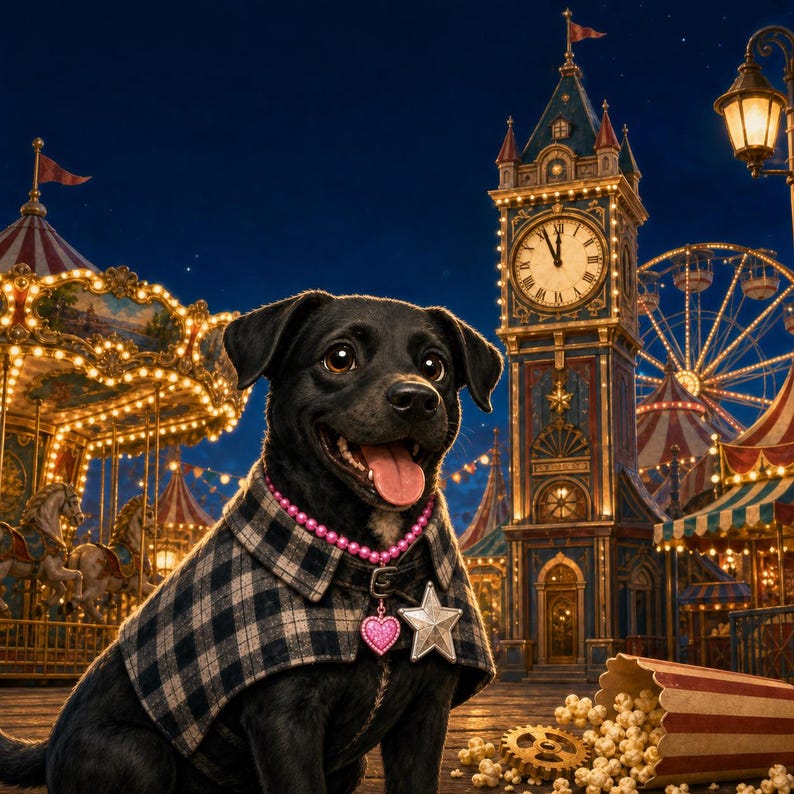 May include: A black dog wearing a black and white plaid cape, a pink beaded collar with a pink heart charm, and a silver star pendant. The dog is positioned in front of a carnival scene with a clock tower, a carousel, and a ferris wheel.