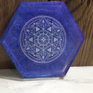 Handmade Sacred Geometry Resin Coaster – Galaxy Purple Shimmer Hexagon Drink Coaster, Holographic Cosmic Crystal Grid & Altar Plate