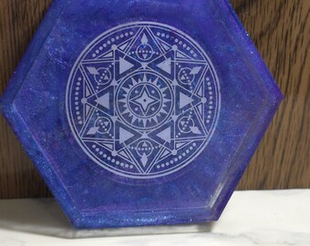 Handmade Sacred Geometry Resin Coaster – Galaxy Purple Shimmer Hexagon Drink Coaster, Holographic Cosmic Crystal Grid & Altar Plate