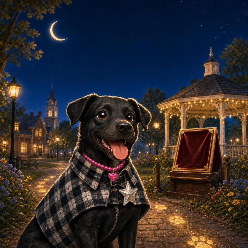 May include: A black dog wearing a black and white plaid coat, a pink beaded collar with a heart charm, and a silver star pendant. The dog is positioned in a park setting at night with a crescent moon, a gazebo, and glowing paw prints on the path.
