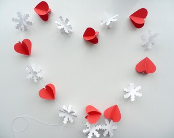 Winter wedding decoration, Christmas decoration,3 D White Snowflake and red hearts garland