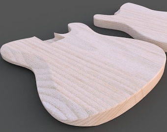 May include: Two unfinished, light wood guitar body blanks. The bodies are shaped like a Fender Telecaster.