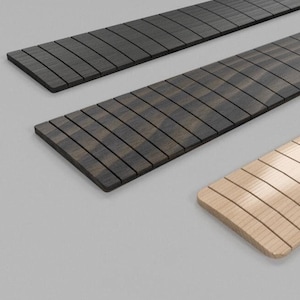 May include: Three guitar fretboards, one is light wood, one is dark wood, and one is a dark wood with a striped pattern. The text reads "render is representative of a finished machined fretboard using our files. NOT the actual model. See other images for samples of the models in the files."