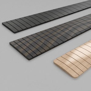 May include: Three guitar fretboards, one light wood, one dark wood, and one black wood. The text reads: "render is representative of a fretboard using our files. NOT the actual model. See other images for samples of the models in the list."