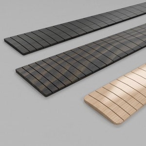 Pode incluir: Três trastes de guitarra, um de madeira clara, um de madeira escura e um de madeira preta. O texto diz "render is representative of a finished machined fretboard using our files. NOT the actual model. See other images for samples of the models in the files."