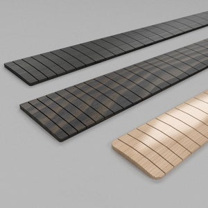 Pode incluir: Três trastes de guitarra, um de madeira clara, um de madeira escura e um de madeira preta. A imagem é um render e não o produto real. "O render é representativo de um braço de guitarra usando nossos arquivos. NÃO é o modelo real. Veja outras imagens para amostras dos modelos na lista."