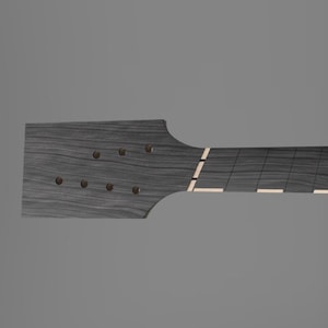 Puede incluir: Un mástil de guitarra con un acabado de veta de madera gris oscuro. El clavijero tiene seis agujeros para las clavijas. El diapasón es negro con marcadores de traste de color claro. Diseño elegante y moderno, para un instrumento musical.