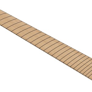 May include: A light brown wooden guitar fretboard with black lines marking the frets.