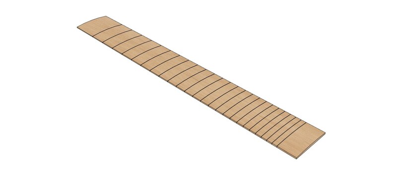 May include: A light brown wooden guitar fretboard with black lines marking the frets.