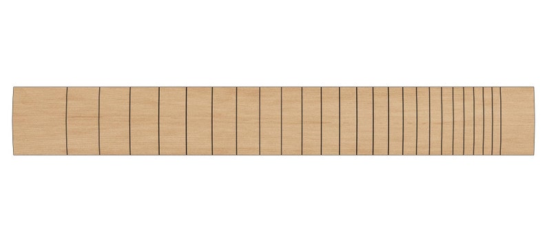 Op de afbeelding: Een close-up van een houten gitaar toets met 21 frets.