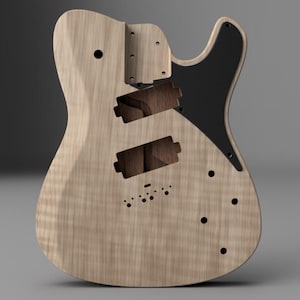 Può includere: Un corpo di chitarra in legno naturale con cavità per pickup ed elettronica. Presenta un battipenna nero ed è pronto per il montaggio. La venatura del legno è visibile e il corpo è incompiuto.