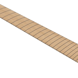 Op de afbeelding: Een lichtbruin houten gitaar toets met zwarte lijnen die de frets markeren.