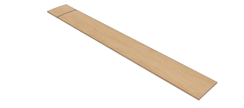 Op de afbeelding: Een lange, smalle, lichtbruine houten plank met een licht afgeronde rand.