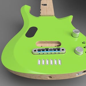 Puede incluir: Una guitarra eléctrica verde lima con cuerpo y mástil de madera. La guitarra presenta perillas plateadas, un altavoz negro y un puente plateado. El cuerpo mide aproximadamente 51 cm de largo.