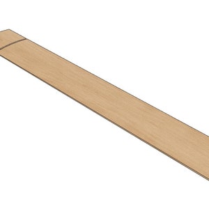 May include: A long, narrow, wooden strip with a rounded edge. The strip is light brown in color and has a smooth, polished finish.