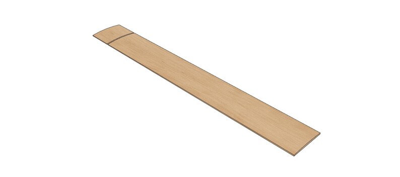 May include: A long, narrow, wooden strip with a rounded edge. The strip is light brown in color and has a smooth, polished finish.