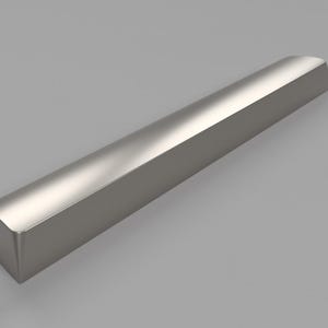 May include: A silver-colored, rectangular bar with a slightly rounded top and angled sides. The bar has a metallic sheen and is set against a light gray background. The object appears to be a hardware component.