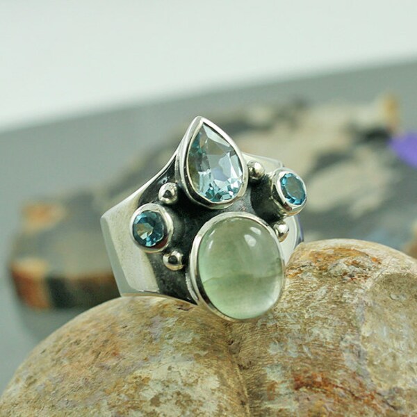 Natural Aquamarine & Blue Topaz Gemstone Ring - Sterling Silver Artisan Ring - Cocktail Ring - March Birthstone Ring - Best Gift Idea