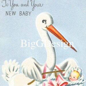 Carte de voeux bébé cigogne vintage félicitations téléchargement numérique image instantanée imprimable clipart