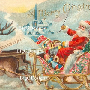 Antike vintage Weihnachten Postkarte Weihnachtsmann Schlitten Rentier digitaler Download druckbares Bild ClipArt
