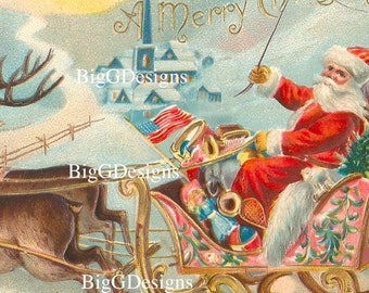 Antike vintage Weihnachten Postkarte Weihnachtsmann Schlitten Rentier digitaler Download druckbares Bild ClipArt