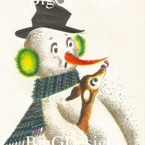 Carte de Noël rétro vintage, bonhomme de neige, nez carotte, renne, image clipart imprimable instantanée en téléchargement numérique