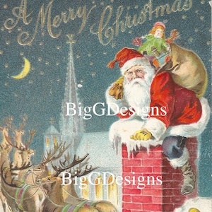 Vintage antike Weihnachtsmann Rentier Spielzeug Dach Weihnachten Postkarte digitaler Download druckbare Sofortbildclipart