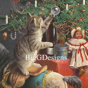Ornamento per albero di Natale vintage cartolina con gatto download digitale stampabile immagine istantanea clip art
