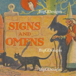 Vintage Halloween Hexe schwarze Katze Zeichen und Omen Illustration digitaler Download druckbares Bild ClipArt