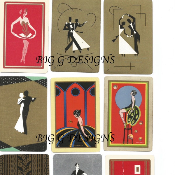 Nine vintage Art Deco playing card collage gold black red ladies women dancers couple digital download printable instant image clip art