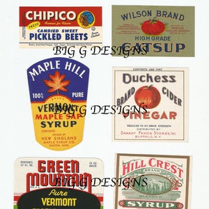 Vintage Lebensmittel Produkt Ahornsirup Essig Catsup Pickles Eier digitaler Download druckbares sofortiges Bildclipart