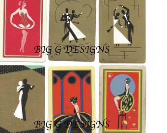 Nine vintage Art Deco playing card collage gold black red ladies women dancers couple digital download printable instant image clip art