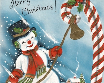 Vintage Christmas card snowman and candy cane digital download printable image clip art
