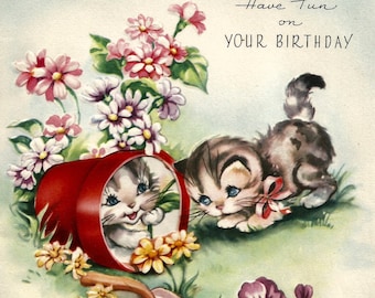 Vintage Kitten Birthday Card: Retro Cats Clip Art (Digital Download)