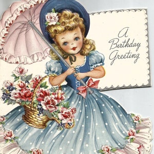 Vintage birthday greeting card little girl blue gown digital download printable instant image clip art