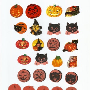 vintage Halloween sceaux autocollants jack o' lantern citrouille sorcière chat noir chauve-souris truc ou friandise collage numérique télécharger imprimable image instantanée