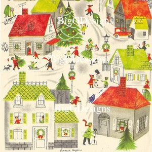 Vintage kerstkaart dorp stad diorama achtergrond digitale download afdrukbare instant afbeelding illustraties