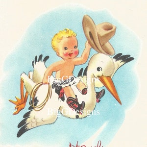 Tarjeta de felicitación vintage para bebé niño, vaquero, cigüeña, descarga digital, imagen instantánea imprimible, clip art