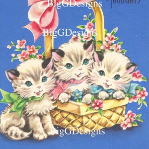Retro vintage birthday card cute kittens cats basket of flowers digital download printable clip art