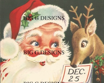 Vintage Santa & Reindeer Christmas Card Image (Digital Download)