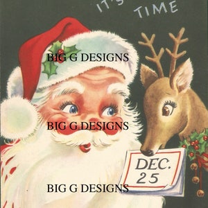 Biglietto di auguri natalizi retrò vintage Babbo Natale renna 25 dicembre È tempo download digitale stampabile immagine istantanea clip art