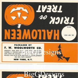 May include: Two vintage Halloween treat bags with a black background and orange pumpkin and witch illustrations. The bags are labeled "Trick or Treat" and "Halloween". The text "Packaged by F.W. Woolworth Co." is printed on the bottom of each bag.