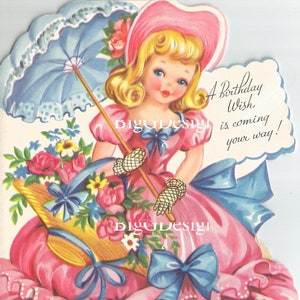 carte de voeux d'anniversaire vintage petite fille robe rose bouquet fleurs téléchargement numérique image instantanée imprimable clipart